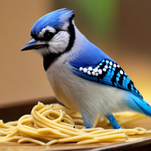 Image similar to bluejay staring at spaghetti