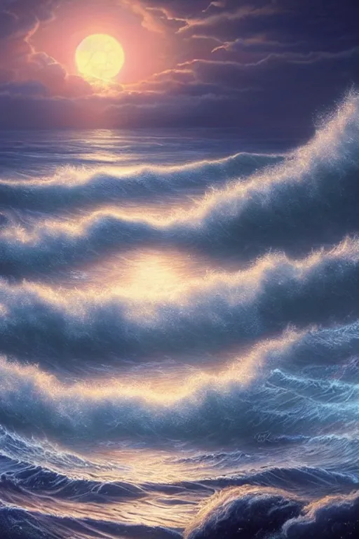 Image similar to digital matte fantasy dreamy seascape rocks waves moonlight, artstation, behance, 8 k by alex grey