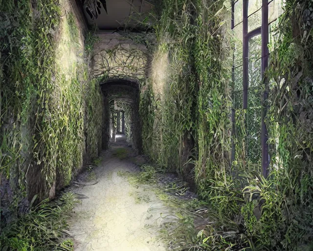 Prompt: Overgrown hallway, immaculate scale, matte painting, digital art, trending on Artstation, hyper-realistic, detailed, ultra detailed