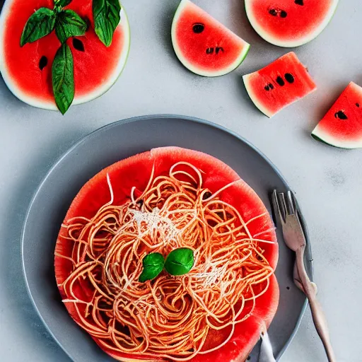 Prompt: spaghetti [ topped with [ watermelon ]!! ], trending on unsplash, [ 4 k photorealism ]!!, professional photography, [ overhead view ]!, shot by jimmy nelson