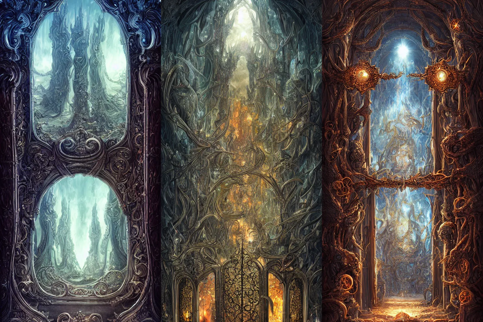 Prompt: The gate to the eternal kingdom of mirrors, fantasy, digital art, HD, detailed.