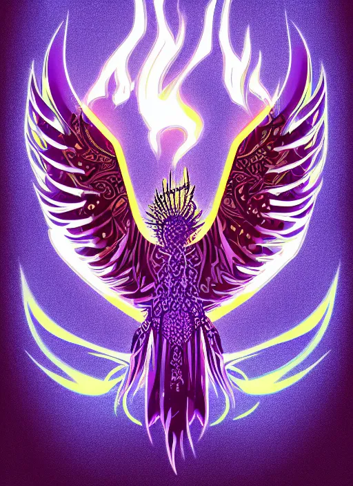 Prompt: white phoenix on salt crystals simple background simplified stylised poster art neat graphic design style holistic on purple flames