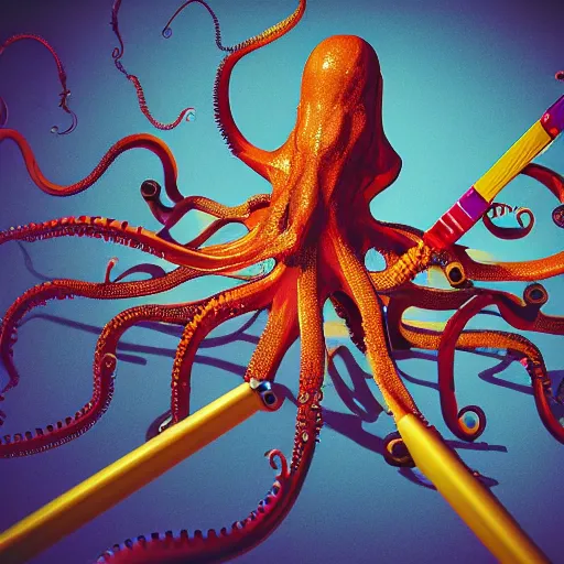 Prompt: macro photo of sci-fi cybernetic octopus holding paintbrushes, photography, filmic, cinematic, dramatic, depressed, photoshoot, 35mm, wide angle, short exposure, double-exposure, f/22, 22 megapixels, shot on 35mm, DSLR, 32k, hyper-realistic, highly detailed, ray traced, RTX, anti-aliasing, FXAA, sharpen, SFX, SSAO, de-noise, cinematic lighting, beautiful lighting, studio lighting, ultra realistic, max quality, epic 35 mm lens shot, photorealism, ray tracing global illumination, sharp focus, shadows, shaders, establishing shot