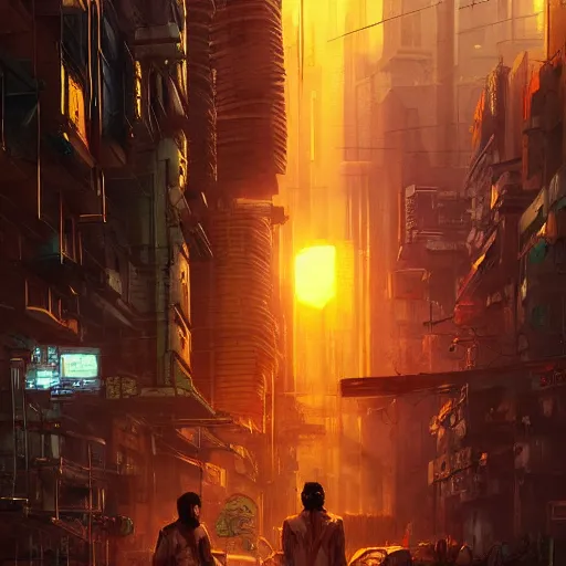 Image similar to cyberpunk city, street vendors, citizens, augmented cyborgs, robots, skyscapers, buildings, clouds, sunset, painted by seb mckinnon, high detail, digital art, trending on artstation