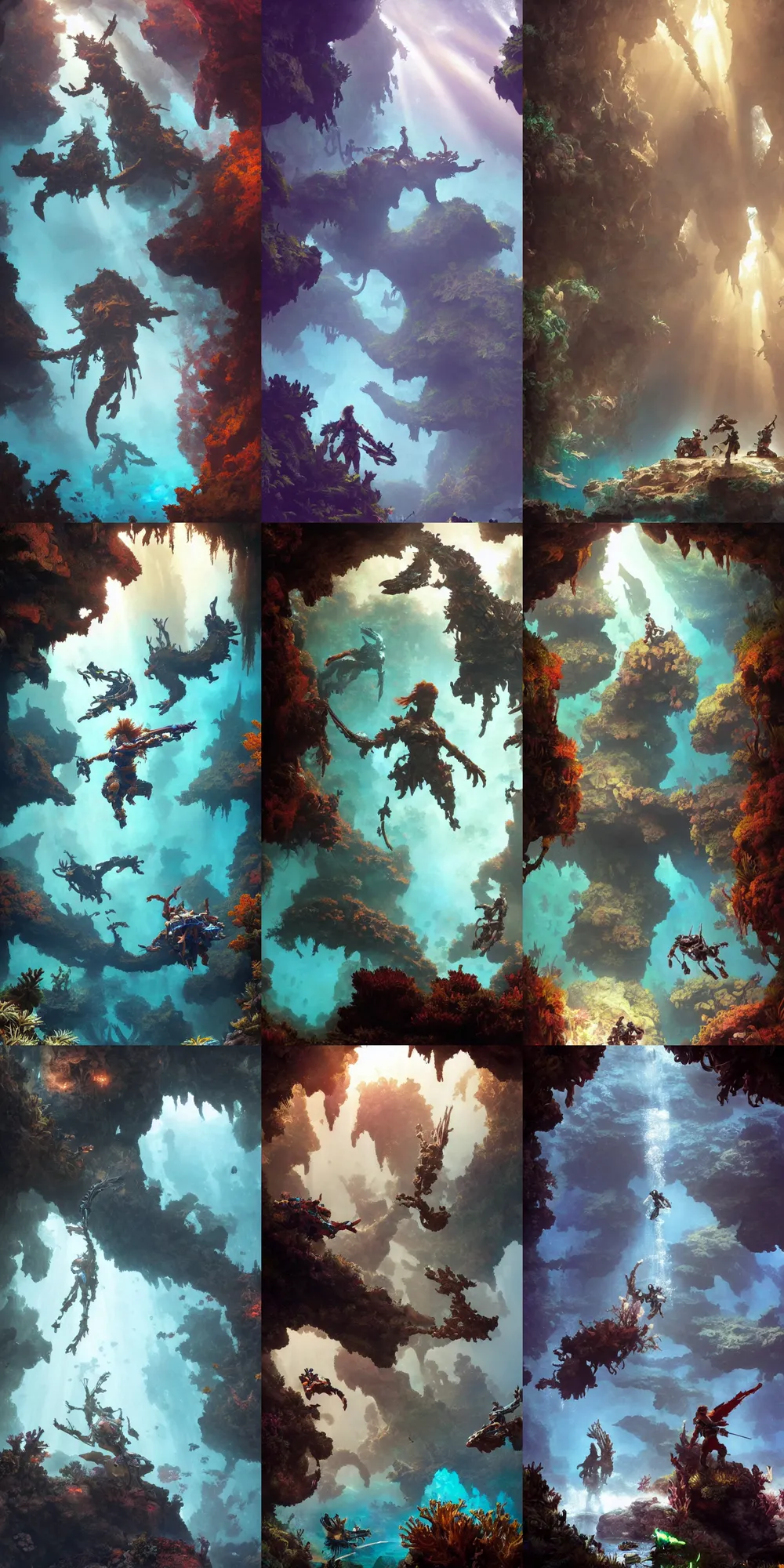 Prompt: cave divers exploring an underwater cave system in horizon zero dawn 2, rainbow corals, god rays, d & d, fantasy, intricate, elegant, highly detailed, digital painting, artstation, concept art, matte, sharp focus, illustration, hearthstone, art by bouguereau and greg rutkowski and ruan jia and conrad roset and bierstadt.
