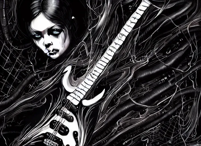 Image similar to a dream electric guitar in a dystopic world full of aberration, black & white, melting, webbing, 8 k, by tristan eaton, stanley artgerm, tom bagshaw, greg rutkowski, carne griffiths, ayami kojima, beksinski, giger, trending on deviantart, face enhance, hyper detailed, minimalist, horror, alien