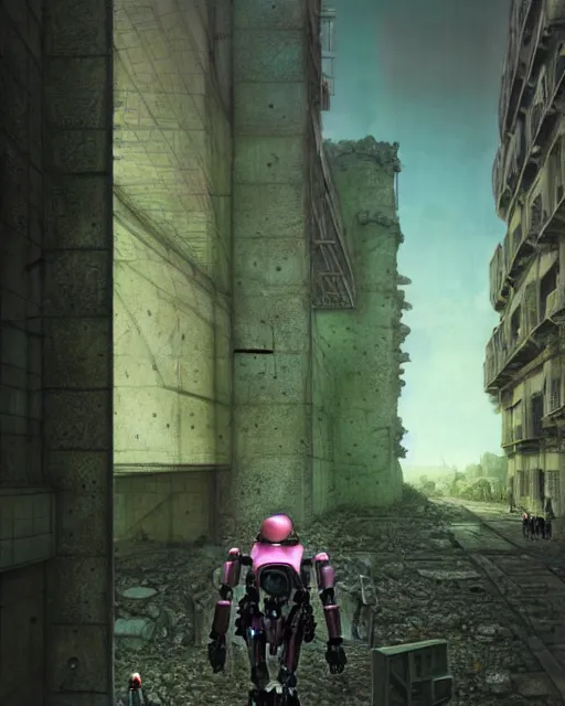 Prompt: hyperrealistic 3d render highly detailed exoskeleton baroque mecha iridescent pink brutalist city ruins background concept art octane santiago caruso de chirico sharp very dramatic green light 8k low angle shallow depth of field