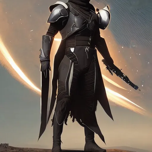 Image similar to destiny 2 concept armor for hunter male, hooded, cape, character portrait, realistic, cg art, artgerm, greg rutkowski