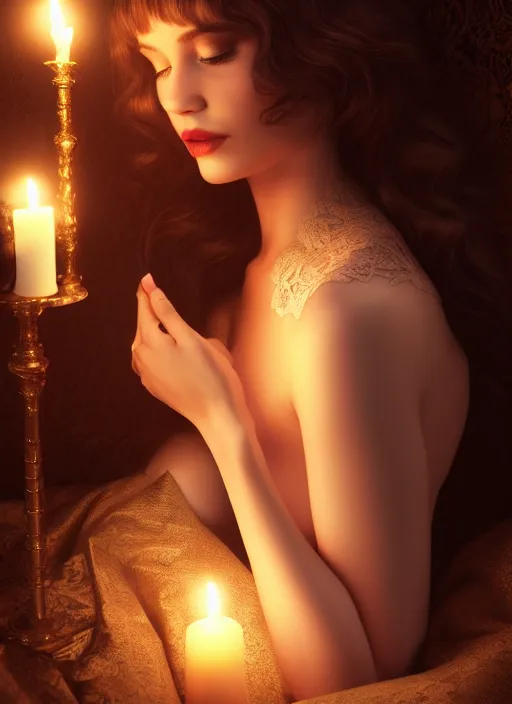 Image similar to young woman beautiful face : : black lace peignoir : : night home bed : : weta disney pixar movie still photo : : decadent highly - detailed digital painting, candle light, full length shot, golden ratio, octane render, artstation, smooth, sharp focus, artgerm, mucha, loish, wlop, gogo