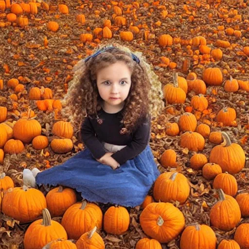 Image similar to a cute little girl with light brown wavy curly hair and blue eyes sitting amidst piles of pumpkins. beautiful cute highly detailed face. she is wearing a crown of autumn leaves. autumn and fall and halloween themed painting by artgerm and greg rutkowski and raymond swanland.