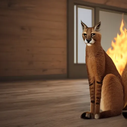 Prompt: wide-angle photo of cute caracal sitting on a wooden chair in a room, flames of fire at background, octane render, 3d, 8k , hd, studio light