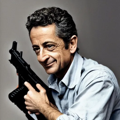 Prompt: hyper realistic and detailed vintage portrait photo of Nicolas Sarkozy standing with an AK47, ektachrome