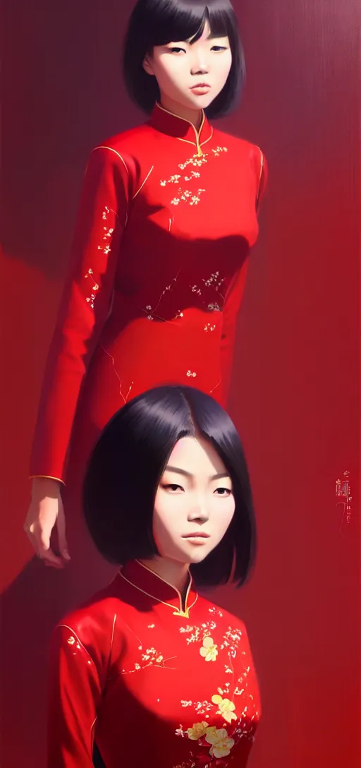 Prompt: a ultradetailed beautiful panting of a asian female wearing red ao dai and futuristic eye google, by ilya kuvshinov, greg rutkowski and makoto shinkai, trending on artstation