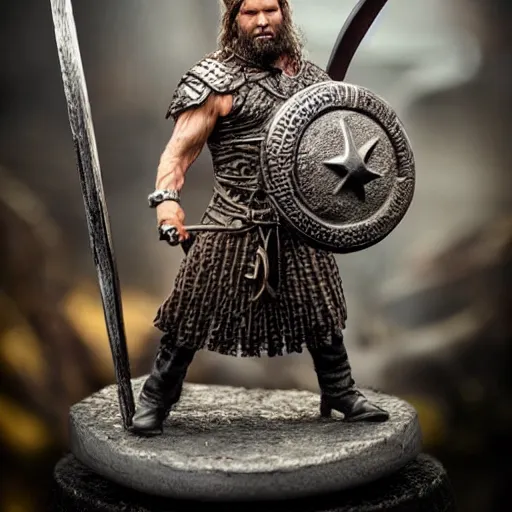 Image similar to of a viking from valhalla, wearing the horned helmet ultra fine detail, hair strands, ultra high resolution, fine texture detail, miniature painting techniques, perfect proportions, marvel cinematic universe, eric bana