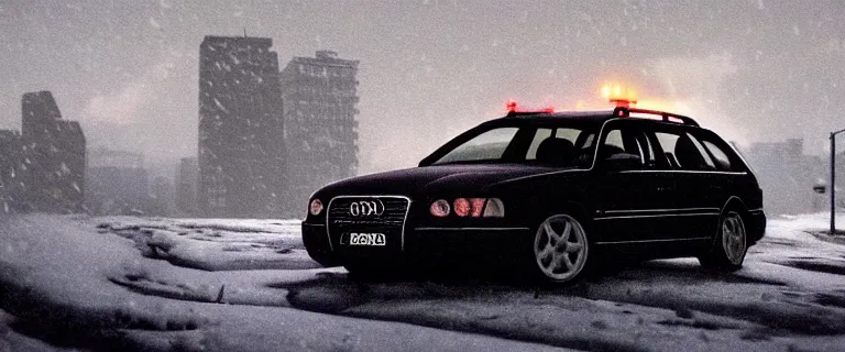 Image similar to Audi A4 B6 Avant (2002), a gritty neo-noir, dramatic lighting, cinematic, eerie person silhouette, death, homicide, homicide in the snow, gunshots, establishing shot, extremely high detail, photorealistic, cinematic lighting, artstation, by simon stalenhag, Max Payne (PC) (2001) winter new york at night, flashing lights, Poets of the Fall - Late Goodbye