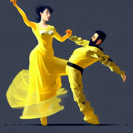 Image similar to a man in a yellow hazmat suit and a voluminous woman in a yellow organza dress both dancing, intricate, elegant, digital painting, concept art, smooth, sharp focus, illustration, from metal gear, by ruan jia and mandy jurgens and william - adolphe bouguereau, artgerm