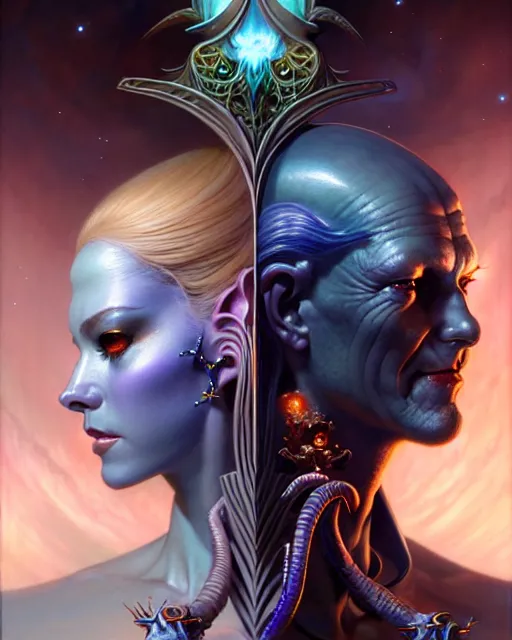 Image similar to beautiful gemini good and evil fantasy character portrait, ultra realistic, wide angle, intricate details, the fifth element artifacts, highly detailed by peter mohrbacher, hajime sorayama, wayne barlowe, boris vallejo, aaron horkey, gaston bussiere, craig mullins