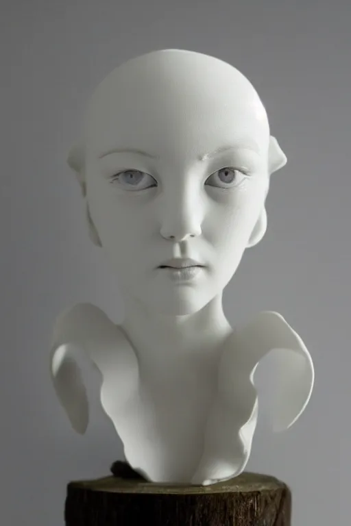 Image similar to full head and shoulders, beautiful female porcelain sculpture by daniel arsham and raoul marks, smooth, all white features on a white background, delicate facial features, white eyes, white lashes, detailed white, lots of real gold hair in a'beehive hairstyle'on the head