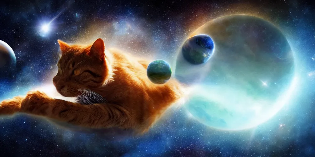 Image similar to a giant cat eating the earth planet, scifi, artstation, cosmos exploration, realistic photo, 4 k, photo by nasa, hubble telescope, cosmos