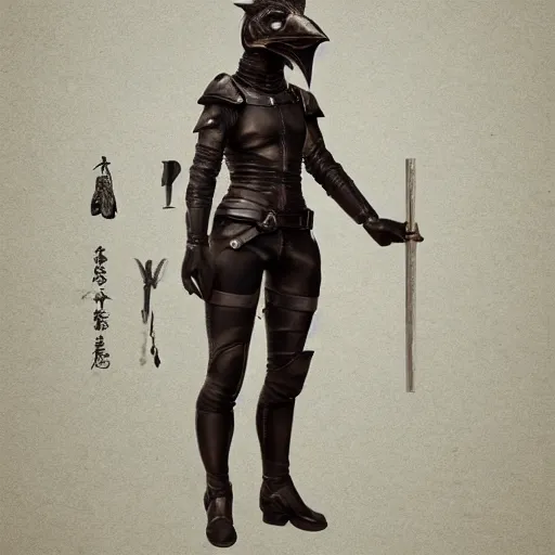 Prompt: female adventurer in tight full - body leather armor of japanese design and a leather crow mask, trending in artstation