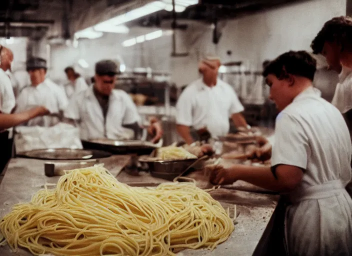 Image similar to a factory where people are processing fresh spaghetti, canon 5 0 mm, cinematic lighting, photography, retro, film, kodachrome, closeup
