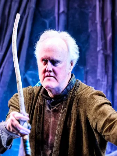 Image similar to a photograph of John Lithgow as Prospero holding a staff from the stage production of The Tempest taken with Nikon D3500, highly detailed