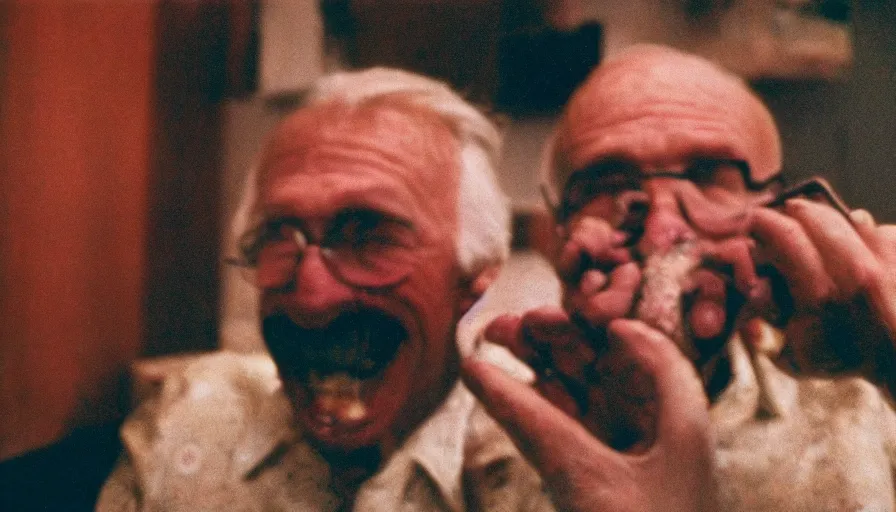 Image similar to 7 0 s movie still of a old man with trypophobia teeth, cinestill 8 0 0 t 3 5 mm, heavy grain, high quality, high detail