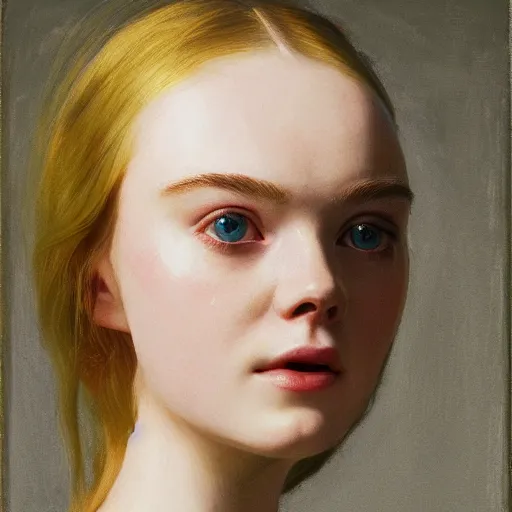 Prompt: Elle Fanning as an Android, head and shoulders masterpiece, oil on canvas, golden hour, in the world of Andrew Wyeth and Bosch, artstation, by J. C. Leyendecker and Peter Paul Rubens,