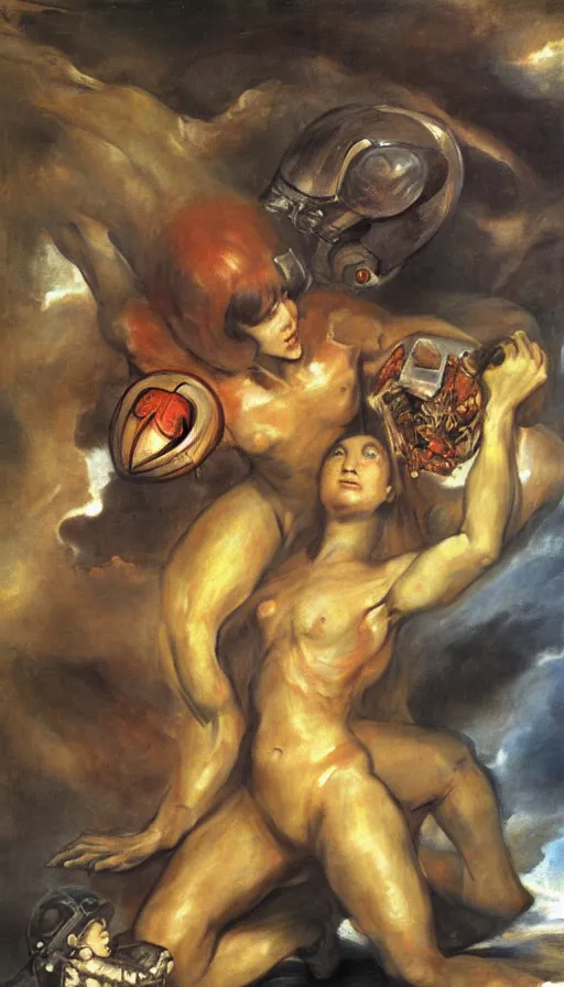 Prompt: samus devouring her metroid child a mural by francisco goya, painting by salvador martinez cubells, 4 k, high quality