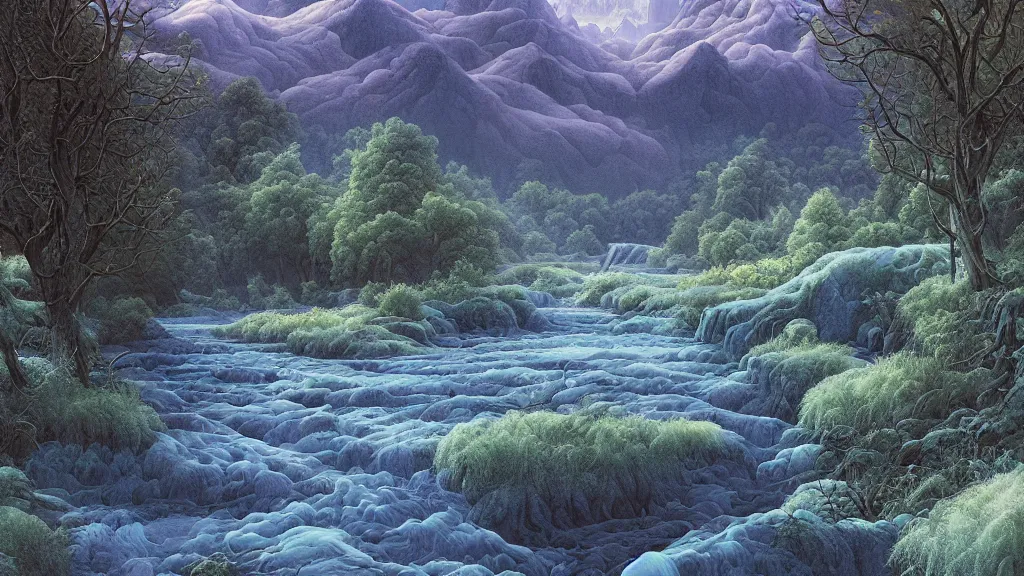 Prompt: digital painting of a lush river valley by gerald brom. blue river. cold icy day. digital render. detailed. beautiful landscape.