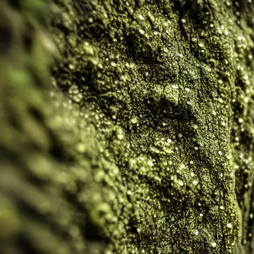 Image similar to rock wall covered with moss. dew droplets forming the shape of a dachshund. macro photography