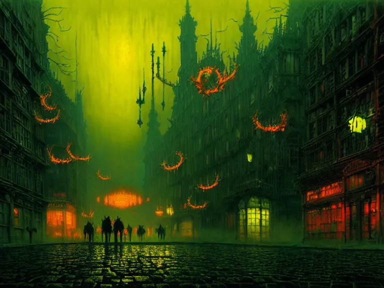 Prompt: hellspawn demons greeting souls of sinners by liam wong and john atkinson grimshaw and guido borelli da caluso and gregory crewsdon and hubert robert and david mattingly and ferdinand knab, hyperrealism, high contrast, low light, vibrant color, psychedelic, green mist, blue cobblestones, orange demons, yellow lanterns