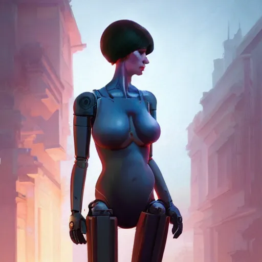 Image similar to highly detailed upper body portrait christina hendricks robot in gta v, stephen bliss, unreal engine, fantasy art by greg rutkowski, loish, rhads, ferdinand knab, makoto shinkai and lois van baarle, ilya kuvshinov, rossdraws, tom bagshaw, global illumination, radiant light, detailed and intricate environment