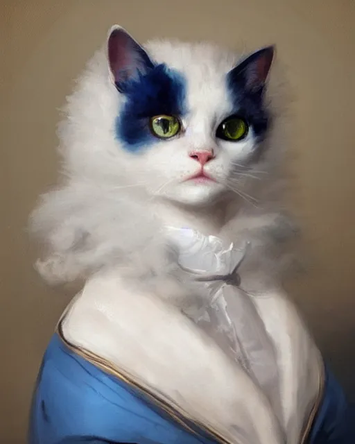 Prompt: cute white cat with blue eyes dressed like marie antoinette, joseph ducreux, greg rutkowski, baroque rococo fashion, royal portrait, elegant, luxurious, oil painting