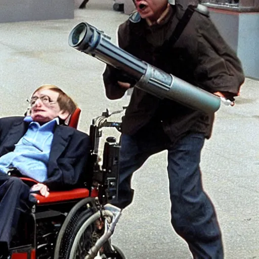 Prompt: stephen hawking with a rocket launcher blowing up terrorists
