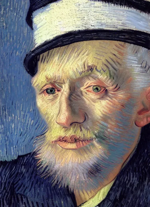 Prompt: portrait of a very old sailor with white hair and hat, asleep, detailed realism face in painting, detailed beautiful portrait, expressionist oil painting masterpiece, 8 k resolution, smooth, sharp focus, pastel color palette, trending on artstation, by van gogh
