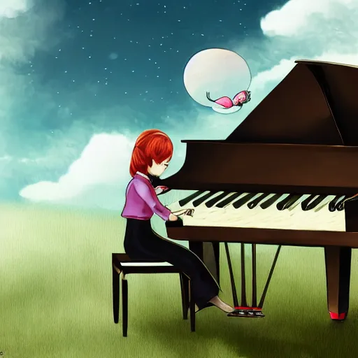 Prompt: a girl playing piano in the sky,pixiv,highly detailed