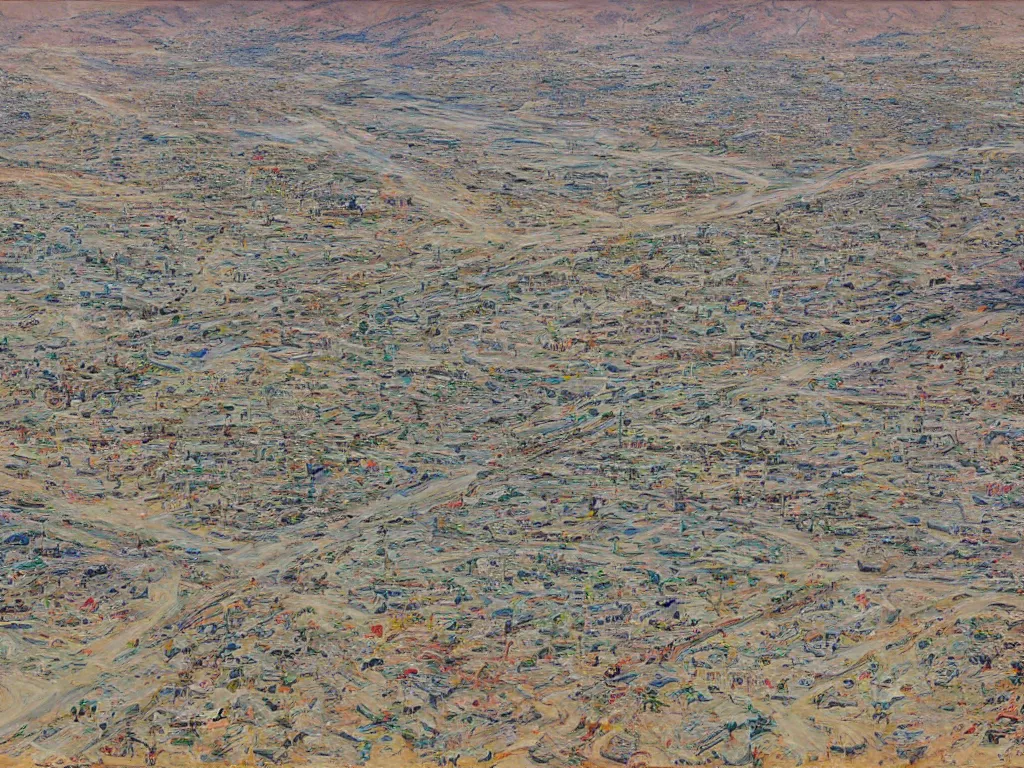 Prompt: landscape, bird view, large Trailer park in the desert near the oasis with a reservoir and rednecks, painting by style Julie Mehretu