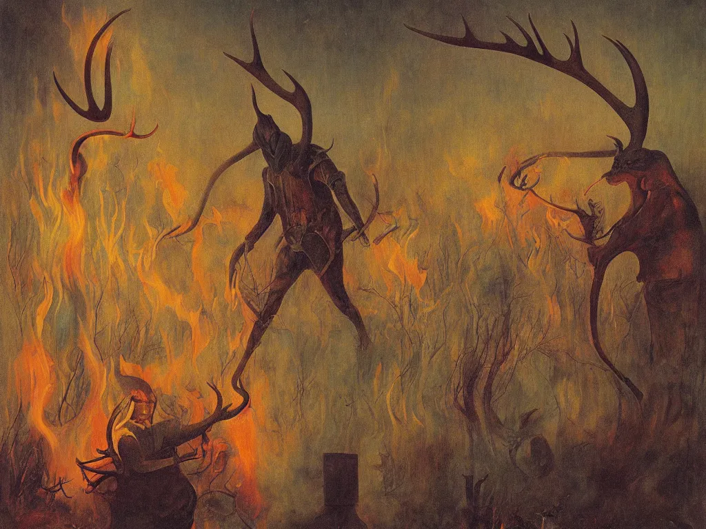 Image similar to devil with antlers burning with a flamethrower the lily. painting by mikalojus konstantinas ciurlionis, bosch, wayne barlowe, agnes pelton, rene magritte