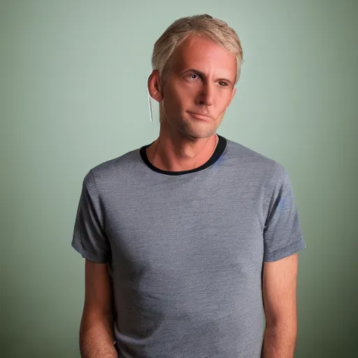 Image similar to full face color photograph of a 40 year old very handsome skinny white man with short, curly, light blond hair and very small slanted blue eyes, dressed in a white t shirt, gray shorts and black socks, with a small mole to the right of his very thin lips, with a straight nose and blond stubble on his round face, and an earring in the left ear. His small eyes, blond hair and manly features make him look like a lion.