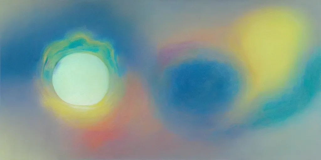 Image similar to the inner structure of quantum reality waves. Oil on canvas. Modern painting. Agnes Pelton. Zao Wou-ki.