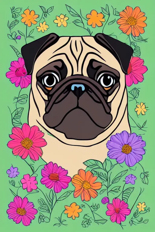 Image similar to portrait of a flower rambo pug, art by milka oxana, sticker, colorful, illustration, highly detailed, simple, smooth and clean vector curves, no jagged lines, vector art, smooth