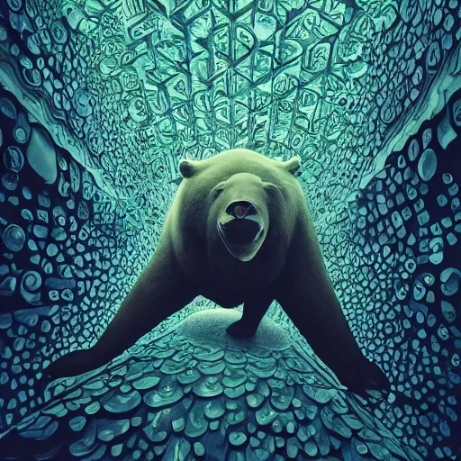 Prompt: oversized bear, freak show, surrealism, fractalism, strange, hyperdetailed, photorealistic, interesting, benoit b. mandelbrot, m. c. escher, patrick woodroffe, ernst fuchs, zdzisław beksinski, id magazine, octane, cinematic, hyperrealism, 8 k, depth of field, bokeh