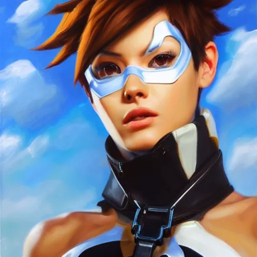 Prompt: oil painting of tracer overwatch in a field, in style of mark arian, expressive face, very detailed face, wearing black leather choker, very detailed eyes, full body, feminine face, detailed makeup on eyes,