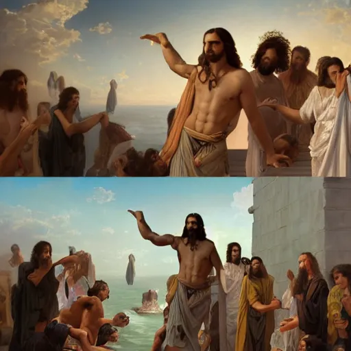 Image similar to an extremely detailed matte painting of a ridiculously good looking jesus that looks like a jewish gigachad with his 1 2 apostle entourage droing keg stands, long curly hair, elegant ancient greek dress, very detailed, windy beach, beautiful, intricate, cinematic, artstation, william bouguereau, alphonse mucha, greg rutkowski, rossdraws, octane render