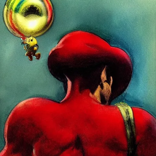 Image similar to An ultra realistic portrait of Mario drawn in colors by Frank Frazetta, Realistic, Dark Fantasy, Epic Lighting