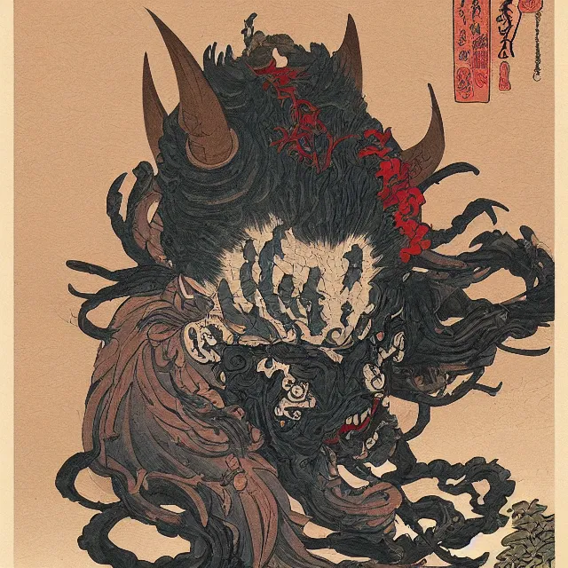 Prompt: a painting of an oni mask by katsushika hokusai, dark fantasy art, high detail, trending on artstation