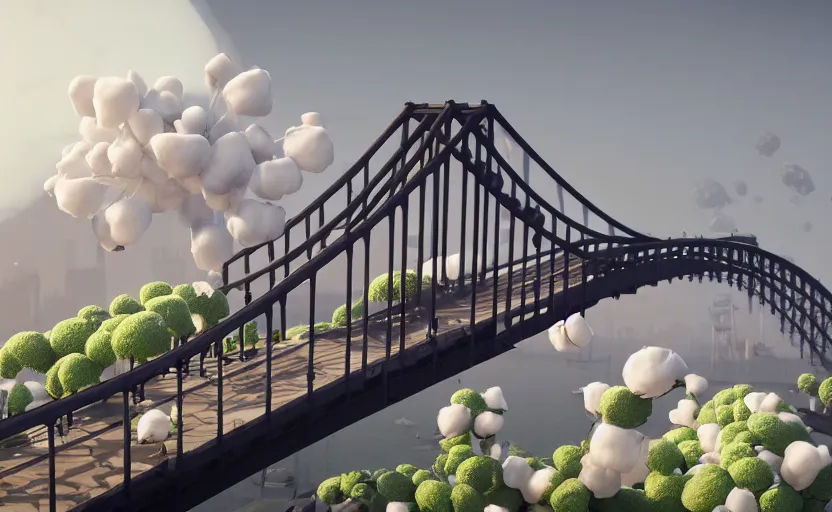 Image similar to a big harbour bridge collapses after explosions in the form of white cotton plants, 3 d octane render, epic lighting, 8 k, by goro fujita