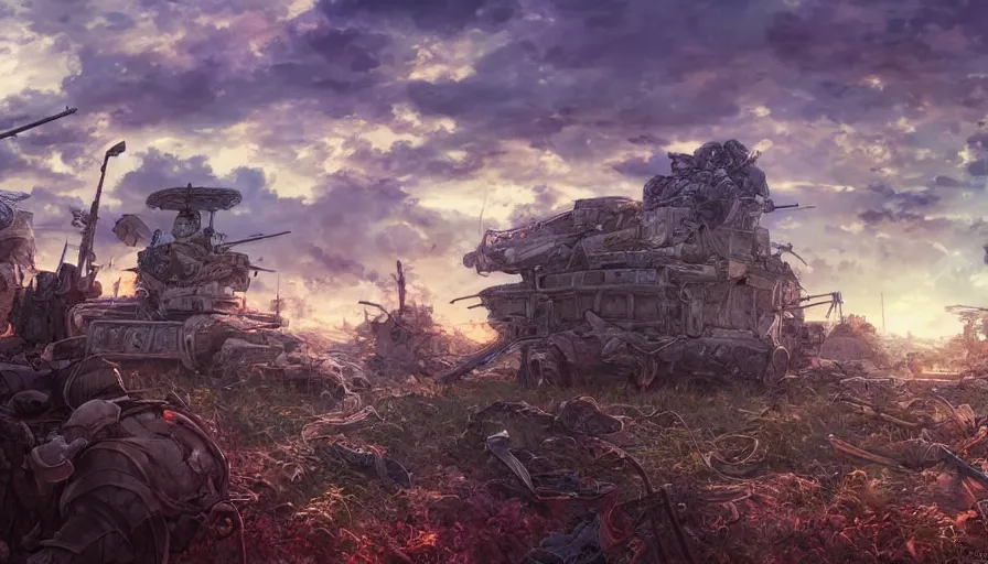 Prompt: the beautiful, dreamy, wistful view of a battlefield after war filled with death at dusk. hyperrealistic anime background illustration by kim jung gi, colorful, extremely detailed intricate linework, smooth, super sharp focus, bright colors, high contrast, matte, octopath traveler, unreal engine 5 highly rendered, global illumination, radiant light