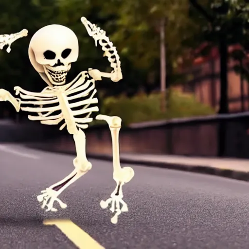 Prompt: youtube video thumbnail of skeleton dancing in the middle of the road